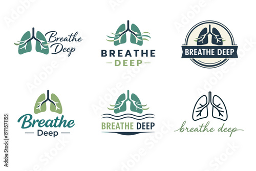Variety of "breathe deep" logos featuring lung illustrations in different styles