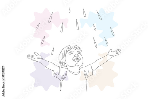Joyful Child Playing in the Rain: Continuous Line Illustration for Positive Concepts
