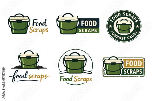 Green compost caddy designs with food scraps labels