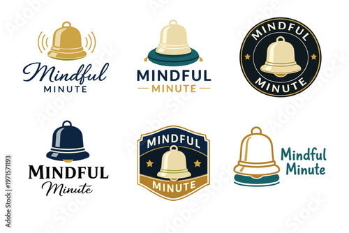 Collection of mindful minute logos featuring bells in varying designs and colors