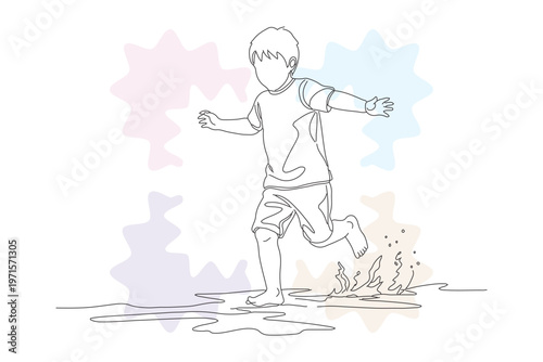 Playful Child Running Through Puddles - Continuous Line Drawing Illustration, Hand-Drawn Style, Whimsical Design for Children's Books and Creative Projects