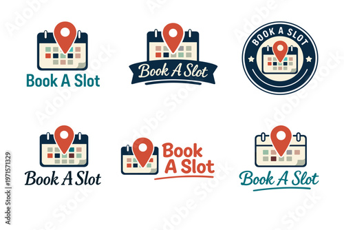 Variety of book a slot icons with calendar and location pin designs