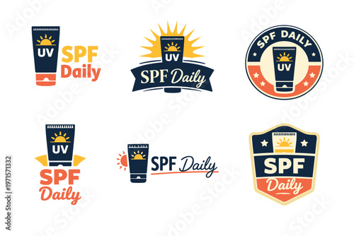 Spf daily uv protection logos set in various badge designs