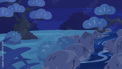 夜の日本庭園の風景のイラスト素材_16:9