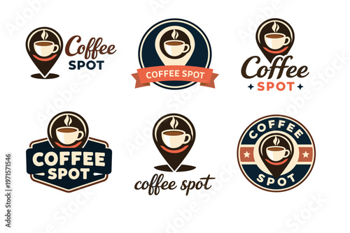 Vintage coffee spot logos collection featuring steaming cups and creative designs