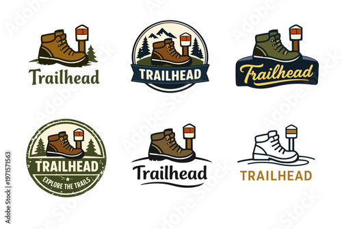 Trailhead hiking boot logos with mountains and trail signs