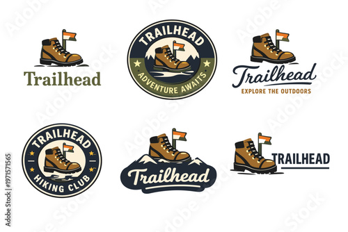 Trailhead adventure logos with hiking boots and flag illustrations