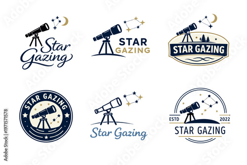 Collection of star gazing logos featuring telescopes and constellations