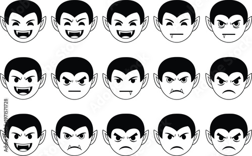 Vampire emoji head set featuring various facial expressions, cute dracula character icons for Halloween, black and white line art stickers.