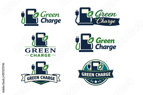 Green charge logos featuring electric chargers and leaf icon designs