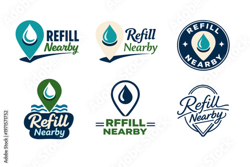 Set of six refill nearby logos with water drop symbol and location pin design elements