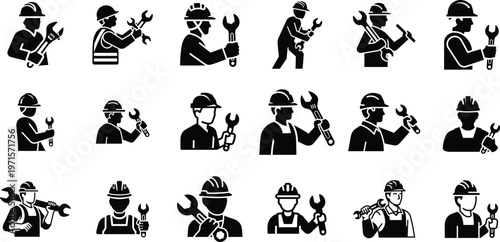 Black and white icons of workers with tools Vector