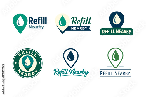 Variety of refill nearby logos featuring water droplet icons and location pin elements