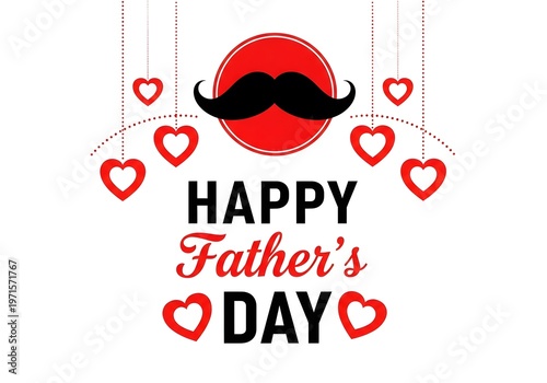 Happy Fathers Day greeting card with mustache and hearts