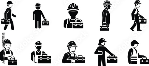 Collection of workers with toolboxes in various poses Vector