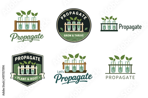 Propagate branding logos with green plant test tubes and growth themes