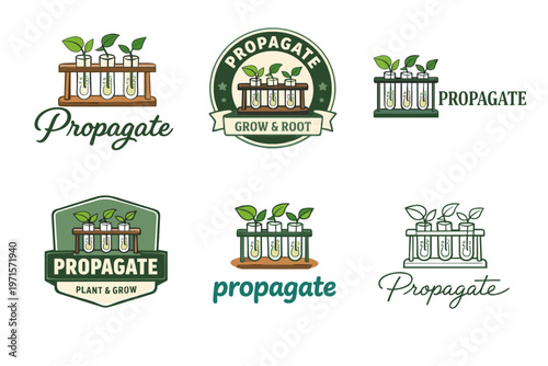 Propagation designs featuring test tubes with leaves and roots for plant growth