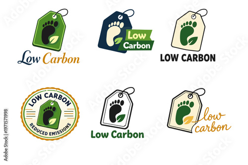 Low carbon logo designs featuring green footprints and eco-friendly tags