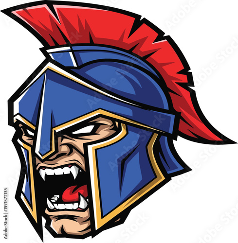 Aggressive spartan warrior mascot logo wearing a blue helmet with a red crest shouting fiercely with sharp teeth isolated on white background for sports teams gaming and professional branding identity
