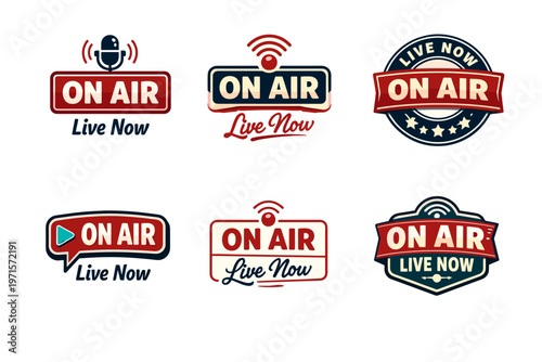 Retro radio broadcast badges with "on air" and "live now" text in vintage style