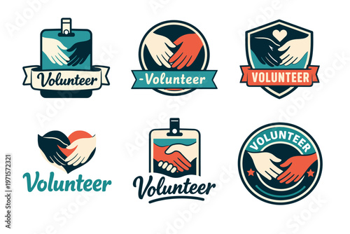 Volunteer badge collection with handshake logos in various styles