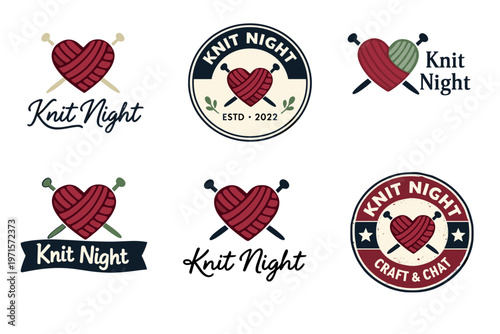 Knit night logos with heart-shaped yarn and knitting needles