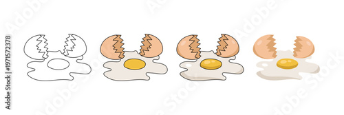 Set of illustrations featuring cracked eggs and a spilled egg with flowing yolk. Perfect for culinary designs, recipe visuals, food packaging, and kitchen-themed projects.