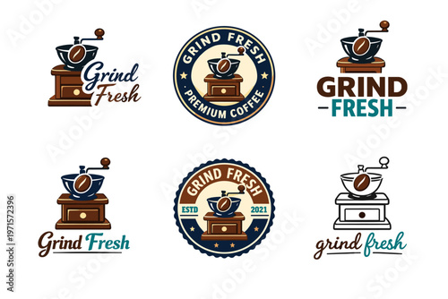 Vintage coffee grinder logos collection - grind fresh premium designs