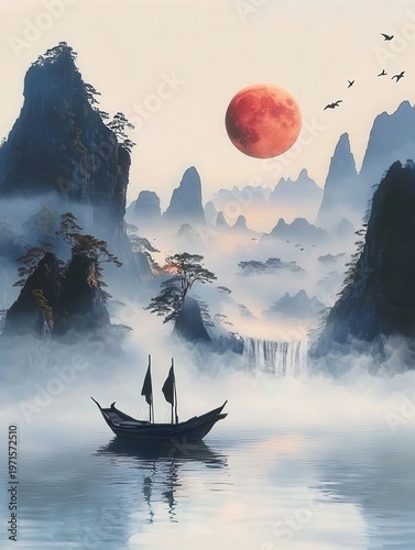 Serene Landscape with Boat and Blood Moon
