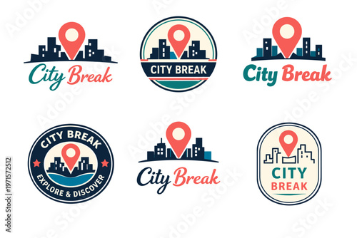City break logos with location pin and urban skyline designs