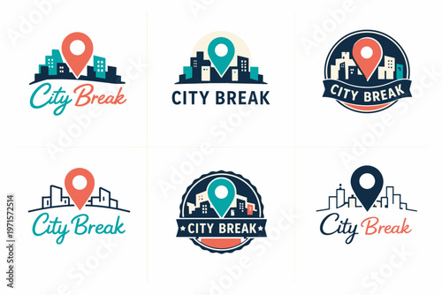 Urban travel badges featuring city break logos with skyline and location pin designs