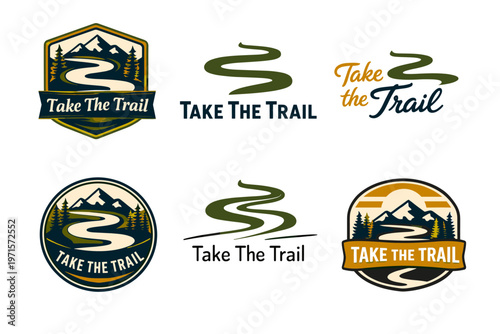 Outdoor adventure logo set featuring trails and mountains