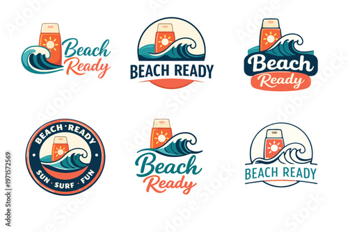 Beach ready surfing logo designs with sun, waves, and text variations