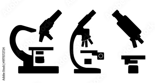 Laboratory microscope set with solid black icon on white background featuring microscope, optics, research with biomedical and science