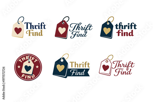 Vintage-inspired thrift find logos featuring heart and tag designs