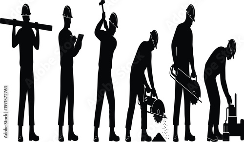 Photos Silhouette set of construction workers using tools, industrial labor team at wor