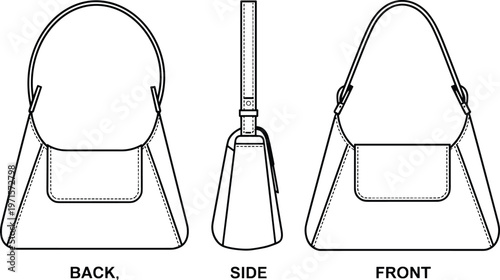 Fashion flat sketch of women's hobo bag viewed from front back and side.