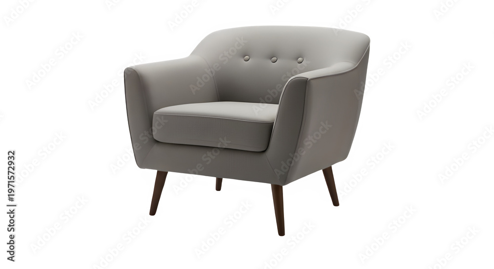 Fototapeta premium Comfortable light grey mid-century modern armchair with wooden legs and button tufted backrest