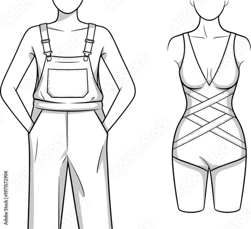 Fashion flat sketch of women's overalls and bodysuit.