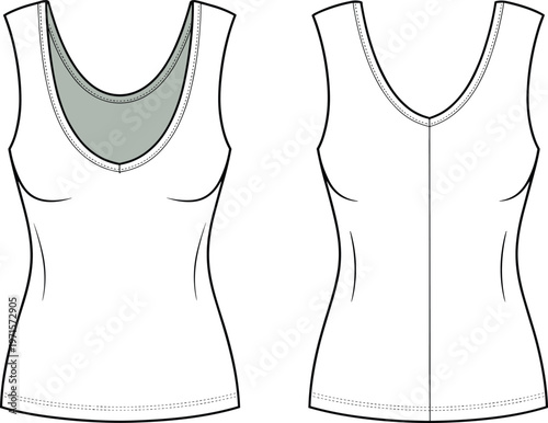 White sleeveless v-neck top front and back view fashion flat sketch.