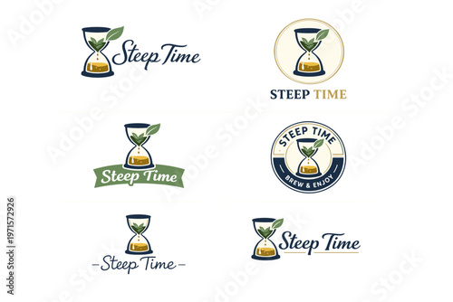 Steep time tea logos collection with hourglass and tea leaves design