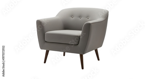 Comfortable light grey mid-century modern armchair with wooden legs and button tufted backrest