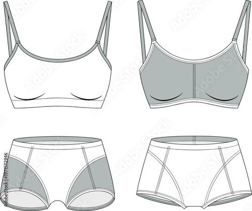 Fashion flat sketch of women's sports bra and briefs set front and back views.