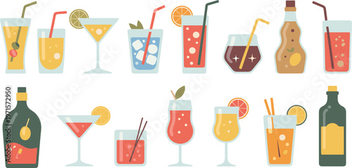 Large collection of colorful cocktail and beverage icons featuring tropical drinks martini glasses liquor bottles and summer juices for restaurant menu and bar promotion design.