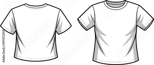 White short sleeve crew neck t-shirt front and back view fashion flat sketch.