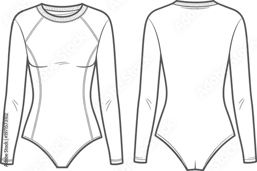Front and back view of a white long sleeve bodysuit fashion flat sketch.