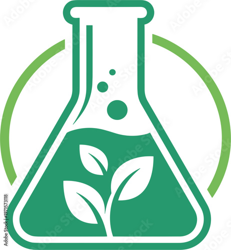 Green Eco Laboratory Flask Logo with Leaf Plant Symbol Sustainable Biotechnology and Environmental Science Vector Icon Design
