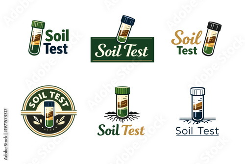 Variety of soil test logos featuring test tubes and soil samples