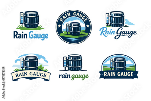 Vintage rain gauge logo set: barrel design with nature elements