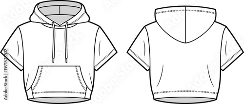 Flat fashion sketch of a women's short sleeve crop hoodie with pocket and drawstring.
